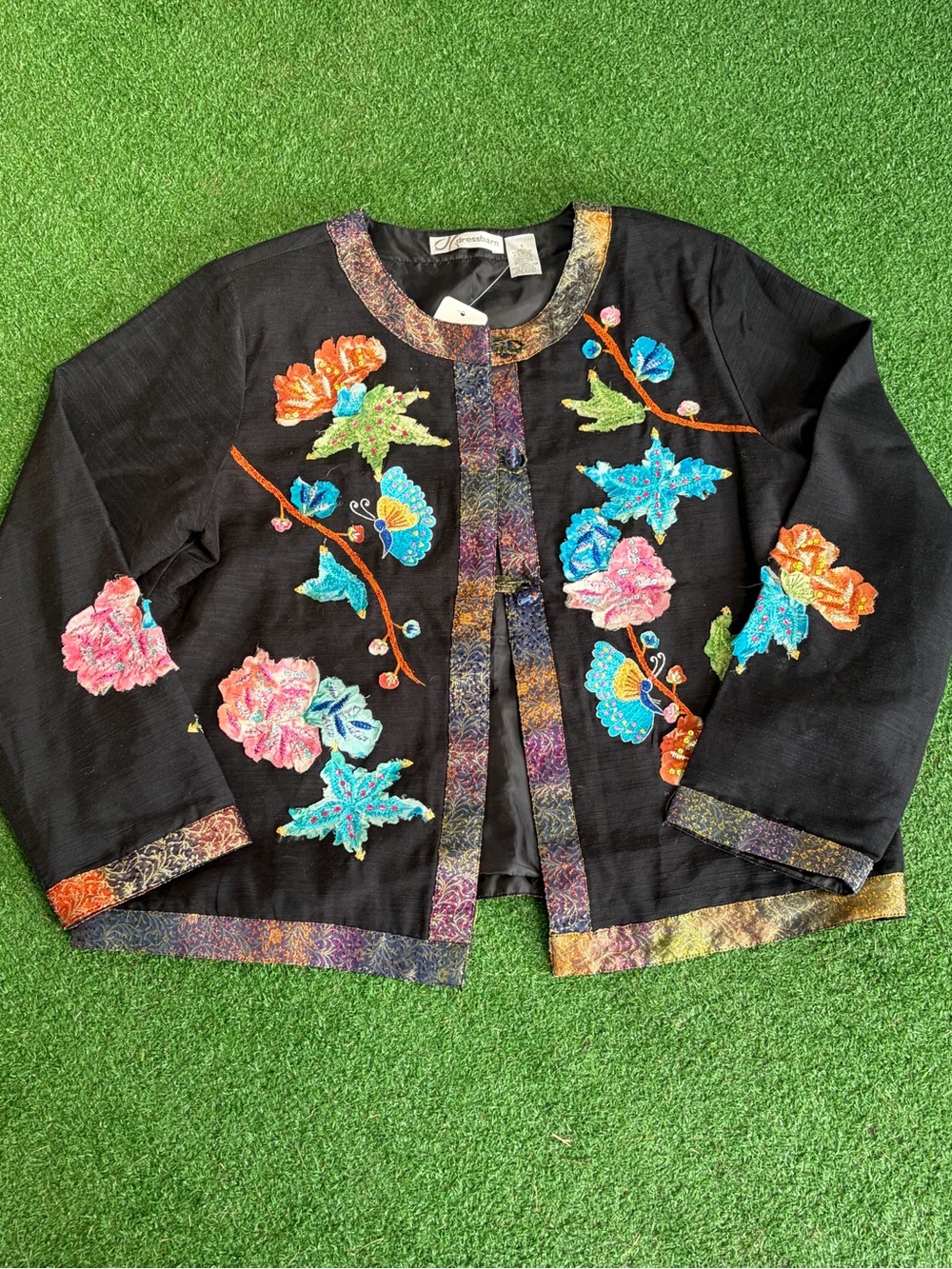 dressbarn Black Embroidered Floral Jacket with Multicolor Accents